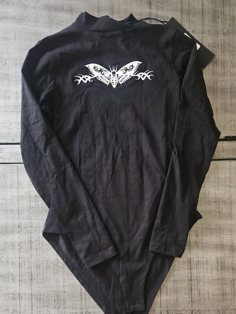 Disturbia Black Long Sleeve Bodysuit with White Moth Graphic